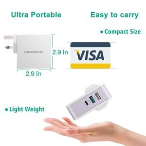 Sumvision 65W 3-Port USB-C PD & QC 3.0 Charger - Universal Laptop & Phone Fast Charger (UK/EU/US Plugs)