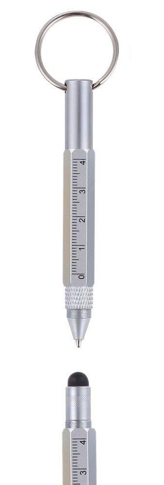 Mini Multi Function Pen with Keyring Hook, Stylus, Cross Screwdriver, Flat Screwdriver, Ruler (Silver)