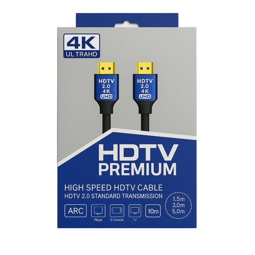 Packaging for a high speed HDMI cable with 4K Ultra HD branding, indicating high capacity for audio and video transmission.