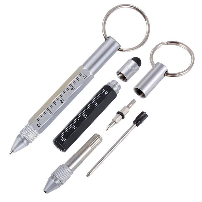 Mini Multi Function Pen with Keyring Hook, Stylus, Cross Screwdriver, Flat Screwdriver, Ruler (Silver)