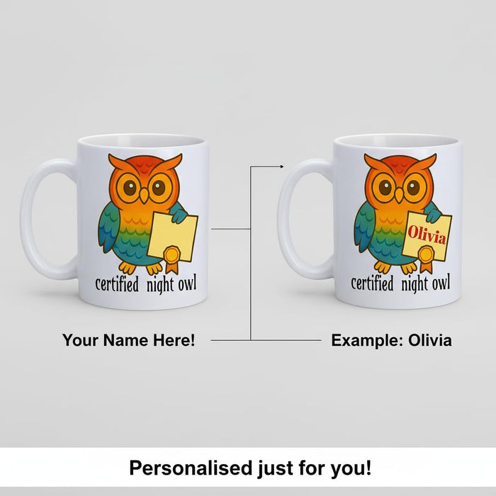 Personalised Mug Certified Night Owl Design Custom Name Coffee Cup Gift for Kids & Adults Cute Colourful Art Perfect Birthday, Christmas, Mothers, Sisters