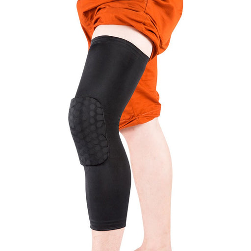 Padded Hexagon Style Long Single Black Knee Support Brace Guard, Bandage Wrap Sleeve Injury Protect, Gym, Running Honeycomb Pad Protector- Extra Large