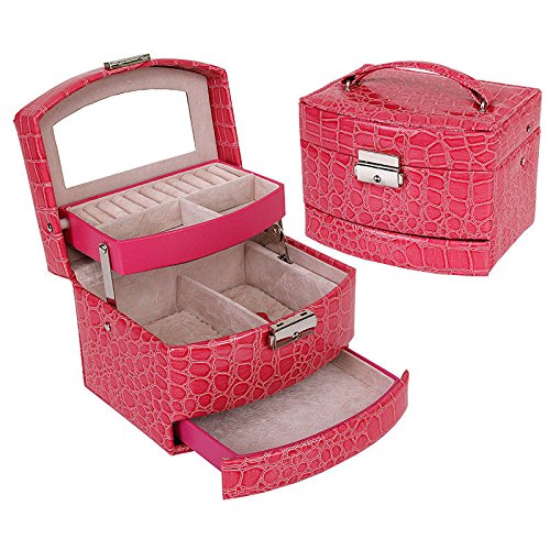 My Treasure Box Faux Leather Crocodile Pattern Automatic Buckle Jewellery Display Box With Three Layers Home Storage Supplies Jewellery Carrying Case