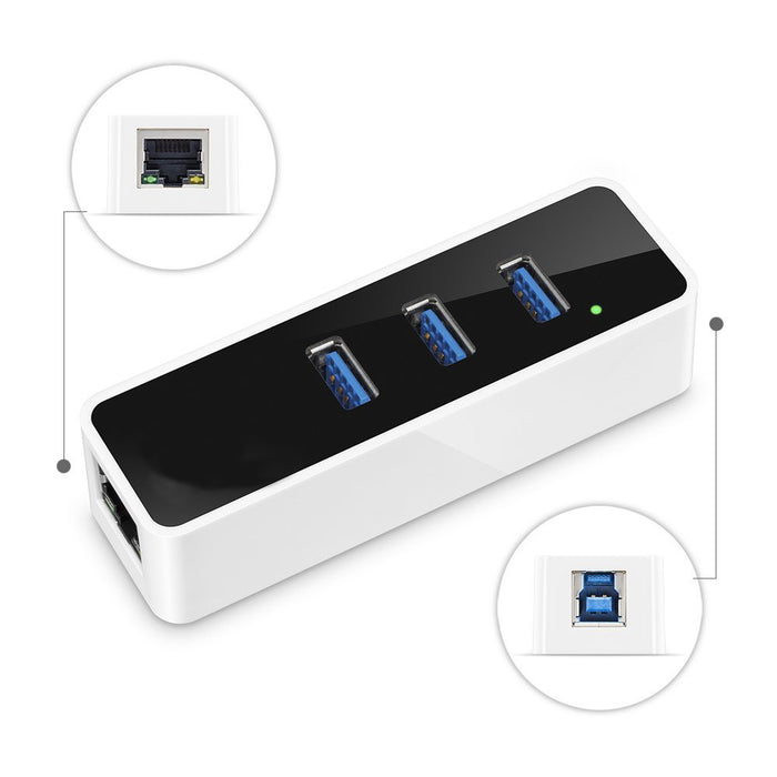3 Port USB 3.0 Hub and RJ45 10/100/1000 Gigabit Ethernet Hub Converter LAN Wired Network Adapter With Built-In USB 3.0 Cable Black/White Supports Windows XP, Vista, Win 7/8, Mac OS 10.6+, Linux