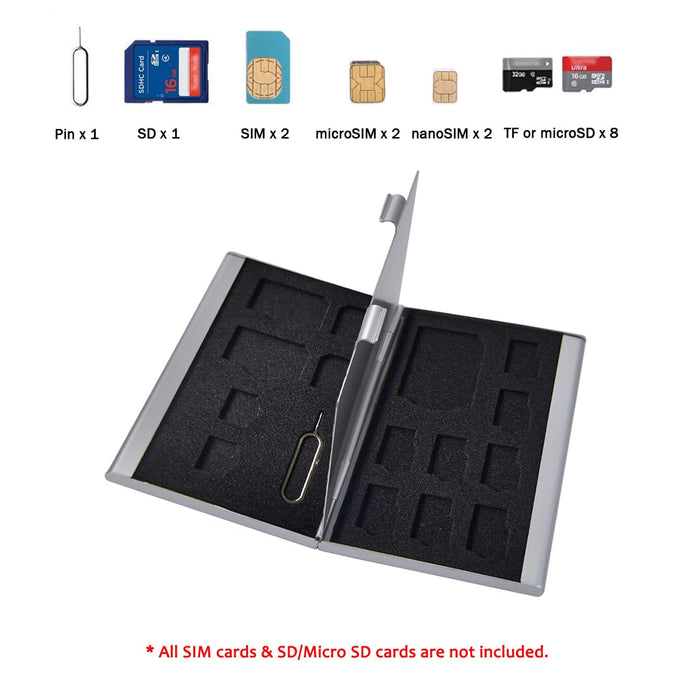 Memory & Sim Card Holder Storage Case, Slim Silver Aluminium, Shockproof, Holds SD x 1, TF or microSD x 8 Memory Cards and SIM x 2, Micro SIM x 2, Nano SIM x 2 and Pin x 1