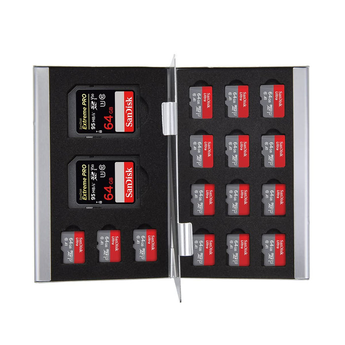 Memory Card Holder Case, Slim Silver Aluminium, Shockproof, Holds 2 SD/SDHC Memory Cards and 15 Micro SDHC Memory Cards