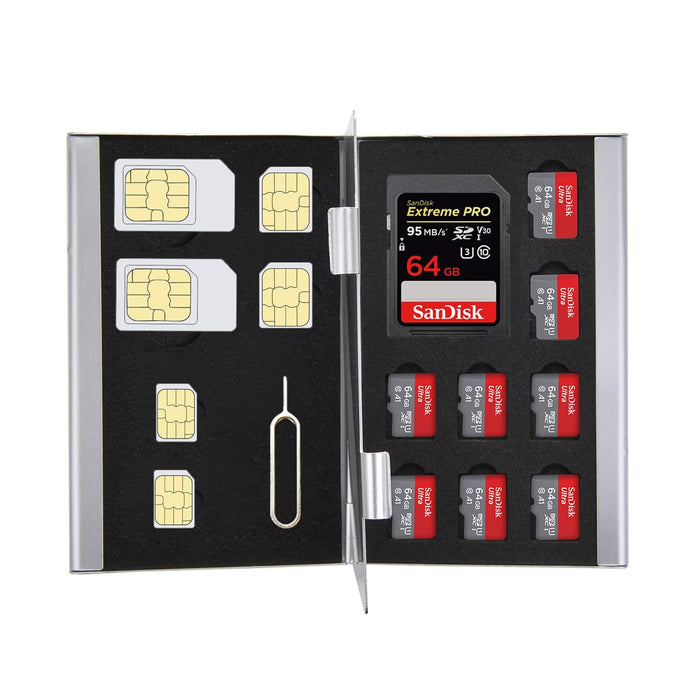 Memory & Sim Card Holder Storage Case, Slim Silver Aluminium, Shockproof, Holds SD x 1, TF or microSD x 8 Memory Cards and SIM x 2, Micro SIM x 2, Nano SIM x 2 and Pin x 1