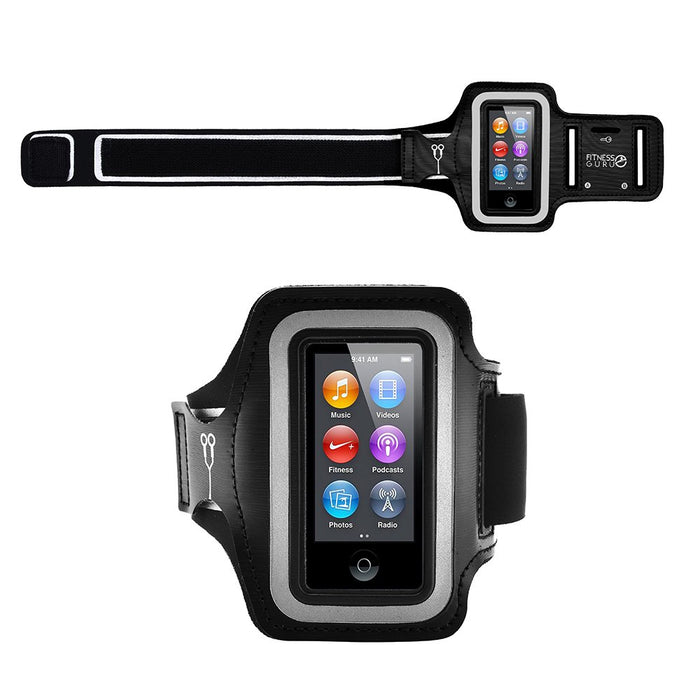 iPod Nano 7 Running Jogging Armband Holder Made with Super Strong Lycra Material with Reflective Stay Safe Strip, Dual Arm Size Slots, Key Pocket & Headphone Holder