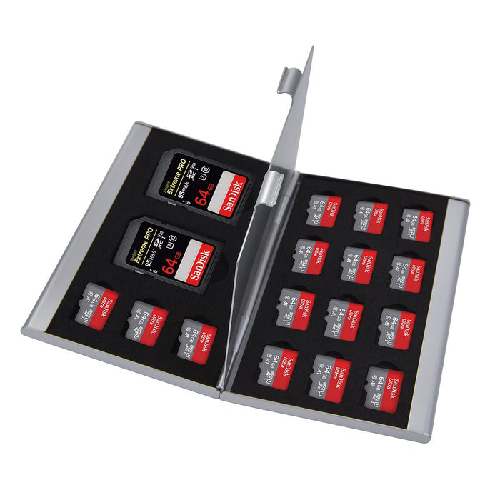Memory Card Holder Case, Slim Silver Aluminium, Shockproof, Holds 2 SD/SDHC Memory Cards and 15 Micro SDHC Memory Cards