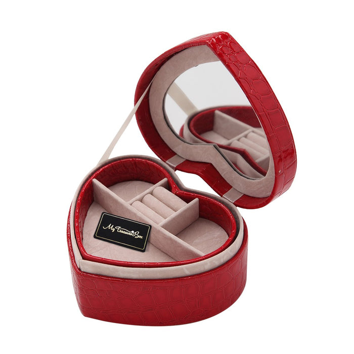 My Treasure Box PU Leather Heart Shaped Two-layer Jewelry Box Storage Case Organizer Holder with Mirror