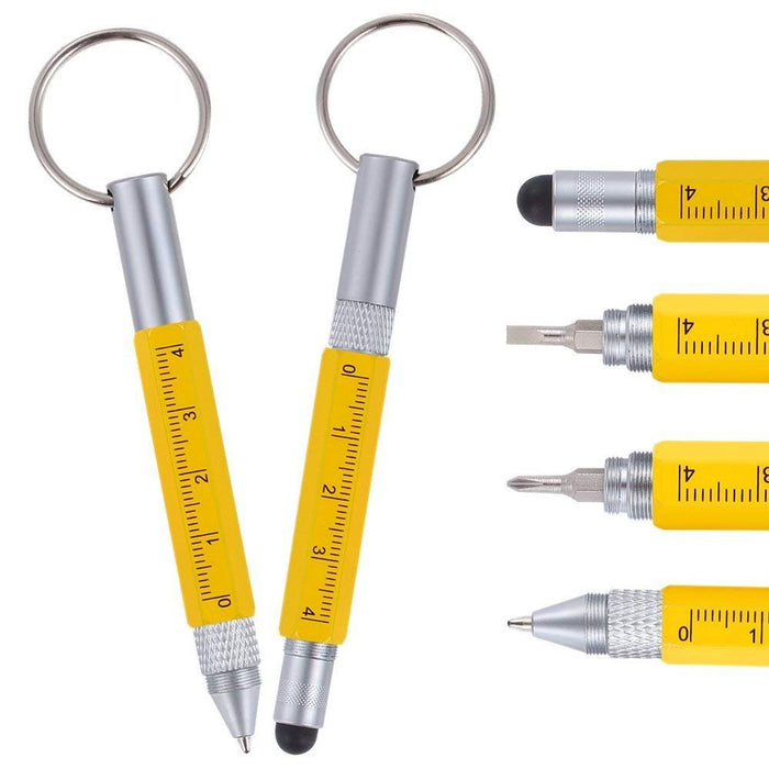 Mini Multi Function Pen with Keyring Hook, Stylus, Cross Screwdriver, Flat Screwdriver, Ruler (Yellow)