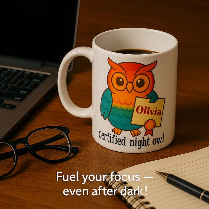 Personalised Mug Certified Night Owl Design Custom Name Coffee Cup Gift for Kids & Adults Cute Colourful Art Perfect Birthday, Christmas, Mothers, Sisters