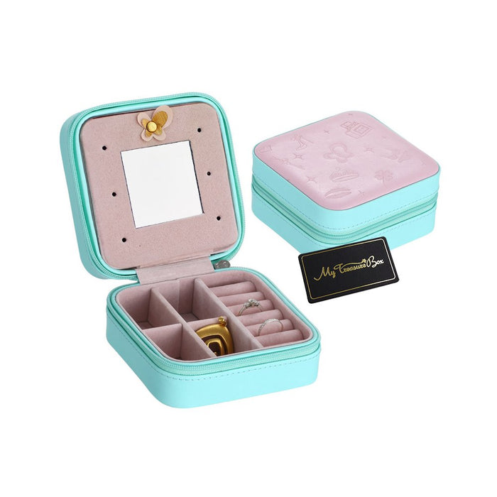 My Treasure Box Small Jewellery Box, Travel Portable Jewelry Case Storage Holder with Mirror and Zipper for Earrings Rings Necklaces
