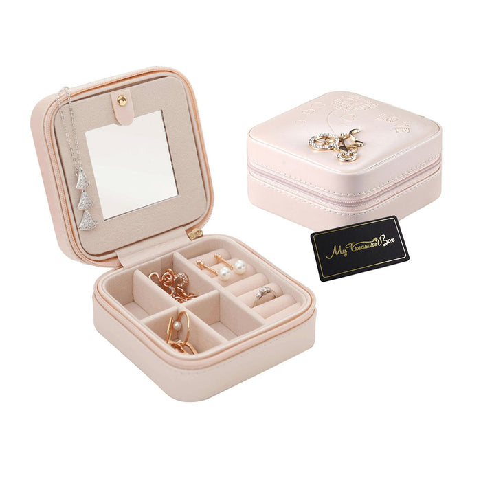 My Treasure Box Small Jewellery Box, Travel Portable Jewelry Case Storage Holder with Mirror and Zipper for Earrings Rings Necklaces