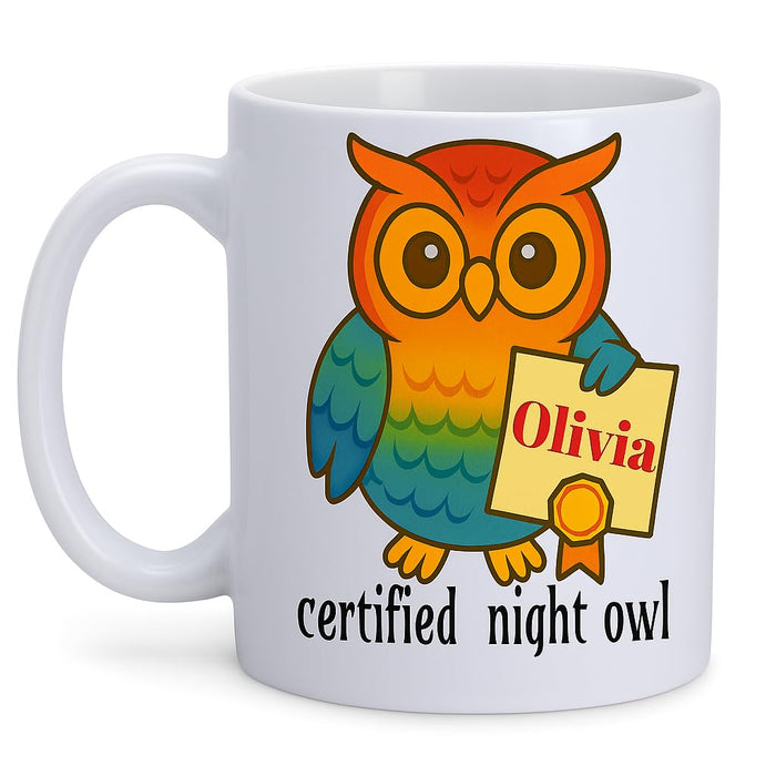 Personalised Mug Certified Night Owl Design Custom Name Coffee Cup Gift for Kids & Adults Cute Colourful Art Perfect Birthday, Christmas, Mothers, Sisters