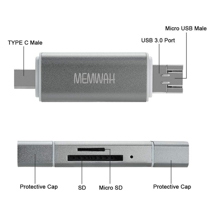Memwah USB 3.0 SD Card Reader 3-in-1 OTG Card Reader USB 3.0 - Type-C / USB 3.0 / Micro USB Adapter for SD, SDHC, SDXC, Micro SD, Micro SDHC, Micro SDXC Macbook PC Tablets Smartphones OTG Function