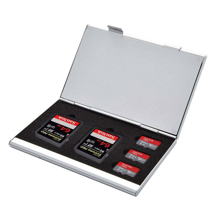 Memory Card Holder Case, Slim Silver Aluminium, Shockproof, Holds 2 SD/SDHC Memory Cards and 15 Micro SDHC Memory Cards