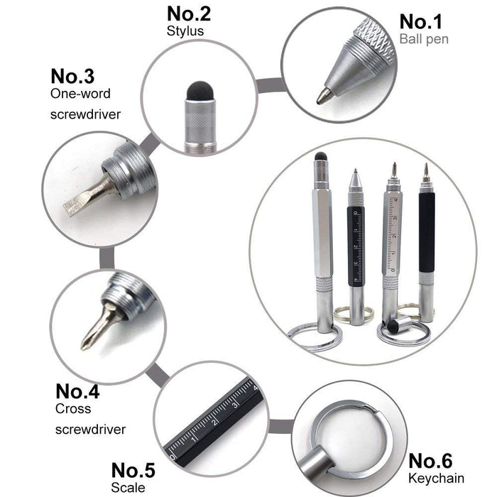 Mini Multi Function Pen with Keyring Hook, Stylus, Cross Screwdriver, Flat Screwdriver, Ruler (Silver)