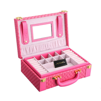 My Treasure Box Equisite Jewelry Box PU Leather Woven Pattern 2 Layers Rectangle Trunk Shape Organizer Portable Storage Box