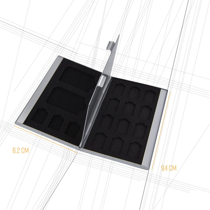 Memory Card Holder Case, Slim Silver Aluminium, Shockproof, Holds 2 SD/SDHC Memory Cards and 15 Micro SDHC Memory Cards