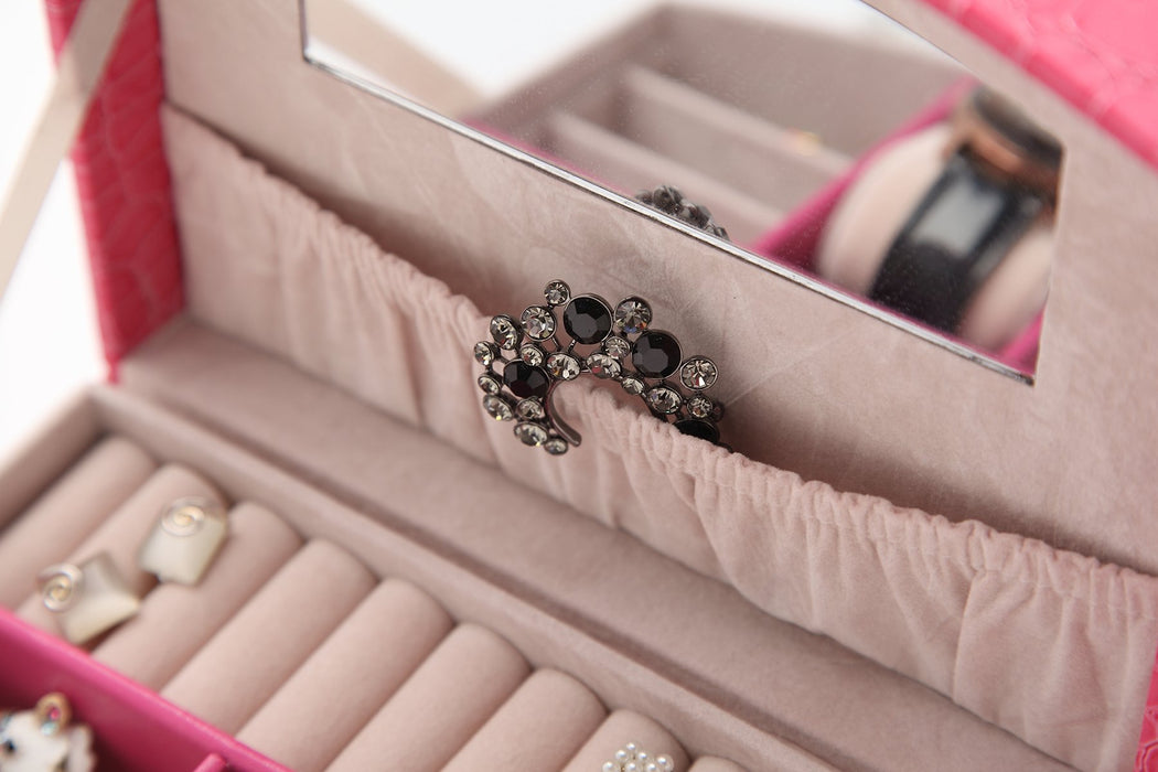 My Treasure Box Faux Leather Crocodile Pattern Automatic Buckle Jewellery Display Box With Two Layers Home Storage Supplies Jewellery Carrying Case
