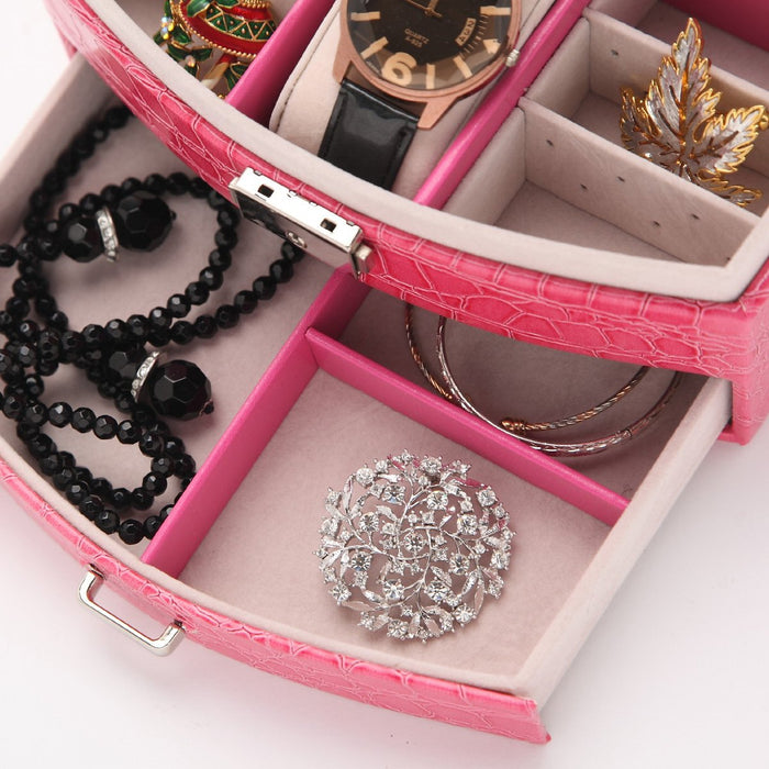 My Treasure Box Faux Leather Crocodile Pattern Automatic Buckle Jewellery Display Box With Two Layers Home Storage Supplies Jewellery Carrying Case