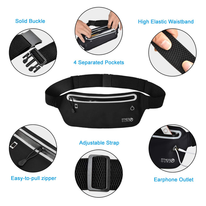 Running Belt - Cycling Pack, Exercise Belt, Workout Belt - Adjustable Waist Bum Bag Belt Waterproof Single Zipper Pouch with Soft Elastic Strap- Black (Waist Bag)
