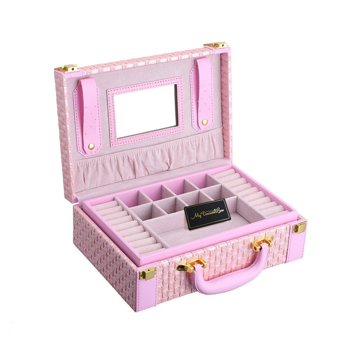 My Treasure Box Equisite Jewelry Box PU Leather Woven Pattern 2 Layers Rectangle Trunk Shape Organizer Portable Storage Box