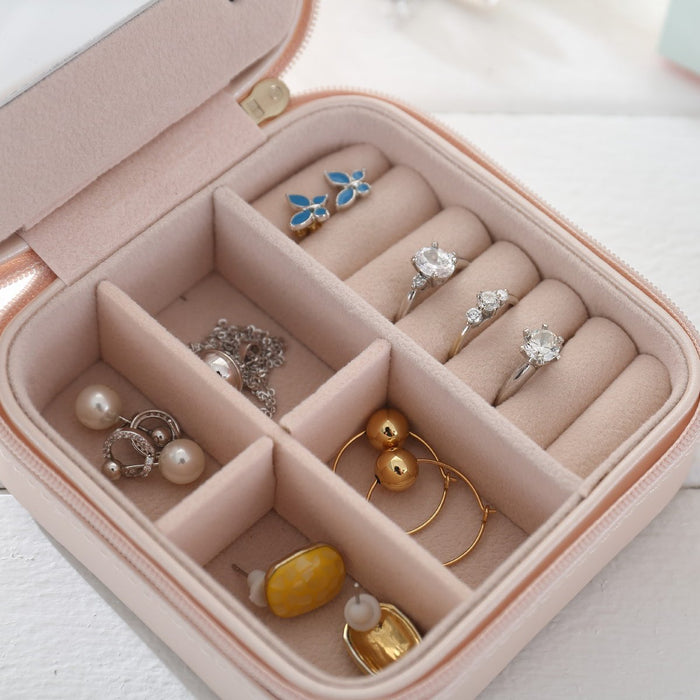 My Treasure Box Small Jewellery Box, Travel Portable Jewelry Case Storage Holder with Mirror and Zipper for Earrings Rings Necklaces