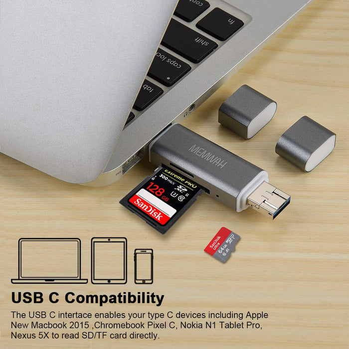 Memwah USB 3.0 SD Card Reader 3-in-1 OTG Card Reader USB 3.0 - Type-C / USB 3.0 / Micro USB Adapter for SD, SDHC, SDXC, Micro SD, Micro SDHC, Micro SDXC Macbook PC Tablets Smartphones OTG Function