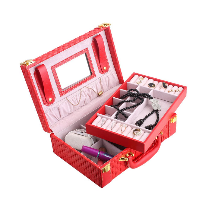 My Treasure Box Equisite Jewelry Box PU Leather Woven Pattern 2 Layers Rectangle Trunk Shape Organizer Portable Storage Box