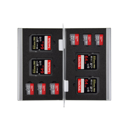 Harrd Shell Water Resistant Multi Use Memory Card Case for SD/SDHC/SDXC/microSD/microSDHC/microSDXC/Pro DUO/Compact Flash Cards (4 x SD & 6 x MicroSD Silver Aluminium)
