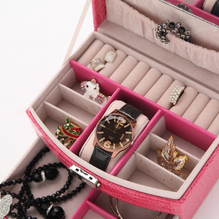 My Treasure Box Faux Leather Crocodile Pattern Automatic Buckle Jewellery Display Box With Two Layers Home Storage Supplies Jewellery Carrying Case