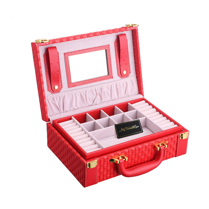 My Treasure Box Equisite Jewelry Box PU Leather Woven Pattern 2 Layers Rectangle Trunk Shape Organizer Portable Storage Box