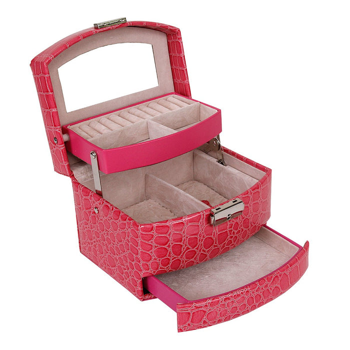 My Treasure Box Faux Leather Crocodile Pattern Automatic Buckle Jewellery Display Box With Three Layers Home Storage Supplies Jewellery Carrying Case