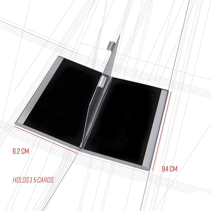 Memory & Sim Card Holder Storage Case, Slim Silver Aluminium, Shockproof, Holds SD x 1, TF or microSD x 8 Memory Cards and SIM x 2, Micro SIM x 2, Nano SIM x 2 and Pin x 1