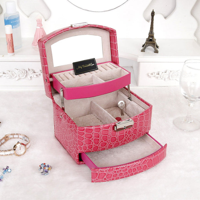 My Treasure Box Faux Leather Crocodile Pattern Automatic Buckle Jewellery Display Box With Three Layers Home Storage Supplies Jewellery Carrying Case