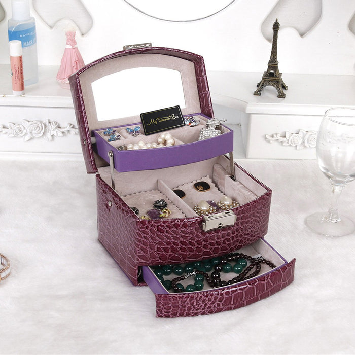 My Treasure Box Faux Leather Crocodile Pattern Automatic Buckle Jewellery Display Box With Three Layers Home Storage Supplies Jewellery Carrying Case