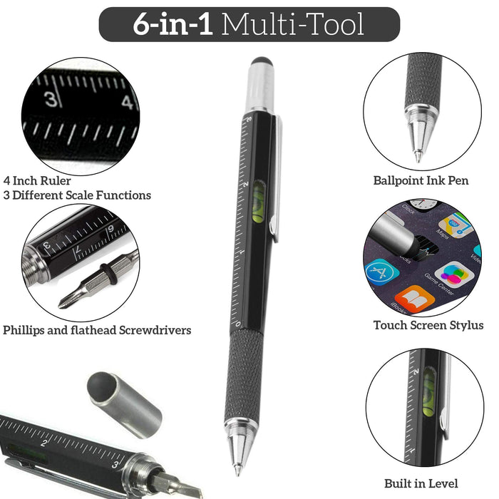 6 in1 Multi Tool Pen - Ballpoint Pen, Touchscreen Stylus, Ruler, Spirit Level, Flat and Phillips Screwdriver & Microfiber Cloth - Unusual Gifts Men Gadgets Novelty Gift for Dad Boyfriend