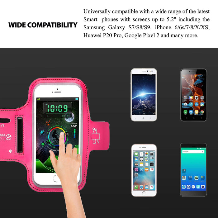 Running Armband Phone Holder Compatible with iPhone X, 8, 7, 6 Samsung S9 and all Smartphones up to 5.2 inches | Phone Holder for Running, Jogging, Gym | Includes Key Holder & Earbuds Holder