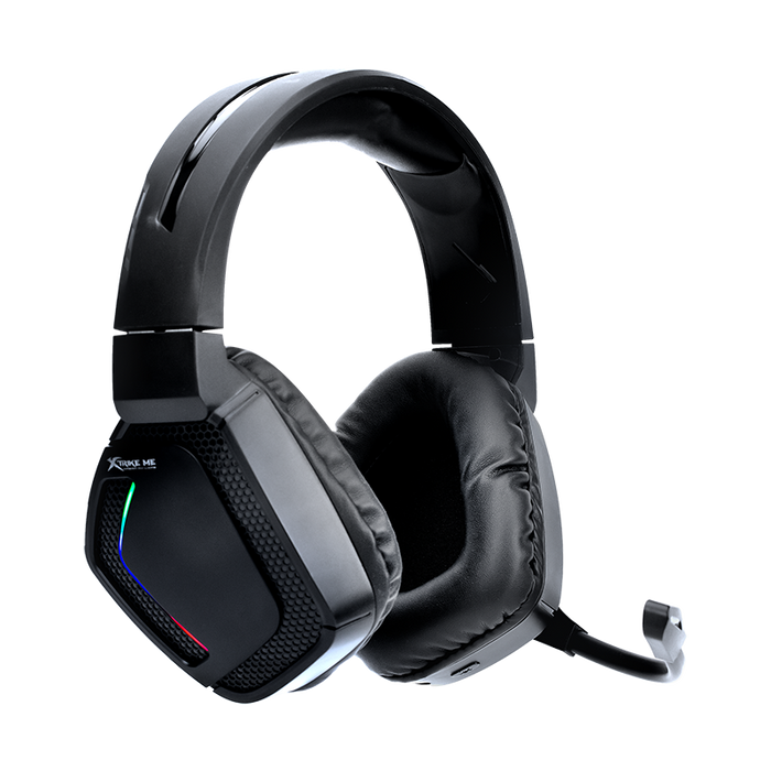 Black gaming headset with RGB lighting on a white background