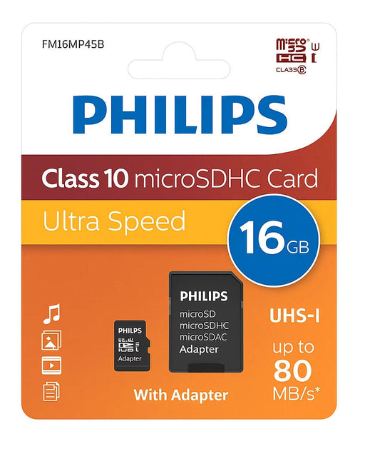 Philips Micro SDHC Memory Card Class 10 High Speed Flash Storage with SD Adapter