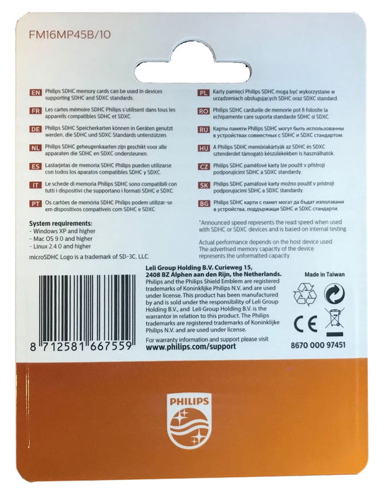 Philips Micro SDHC Memory Card Class 10 High Speed Flash Storage with SD Adapter