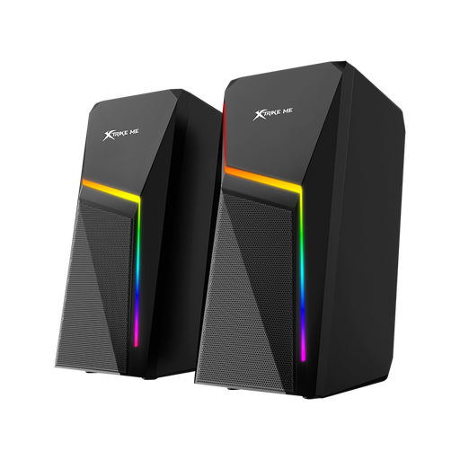 Pair of black computer speakers with RGB lighting on a white background - eSunrise Wholesale