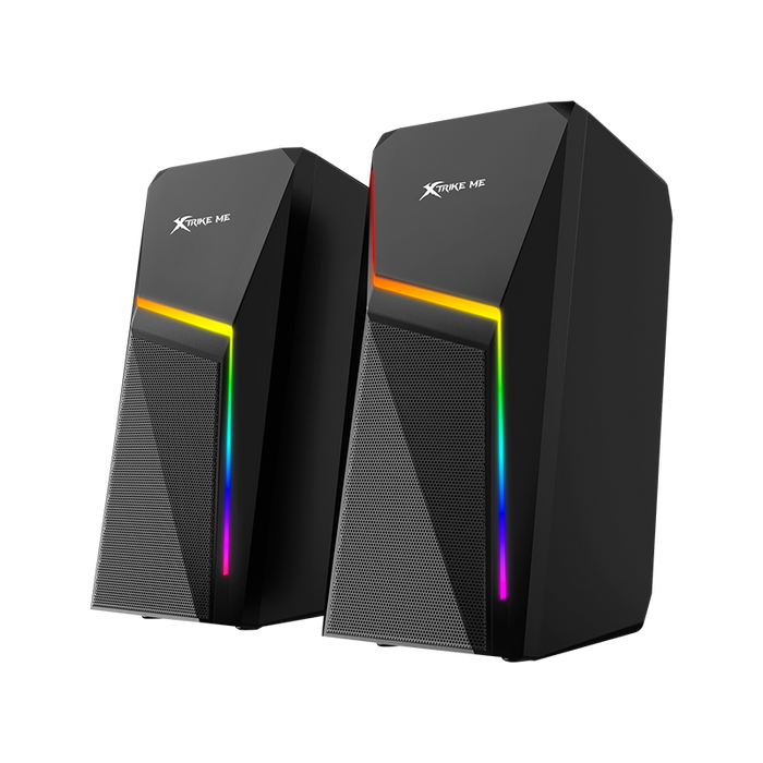 Pair of black computer speakers with RGB lighting on a white background - eSunrise Wholesale