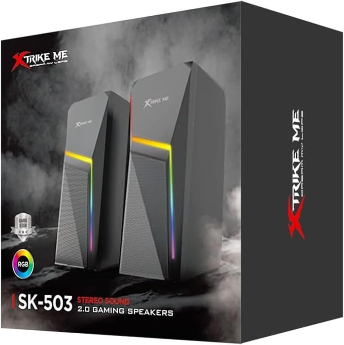 Box of XTRIKE ME SK-503 stereo sound gaming speakers with RGB lighting on a dark background - eSunrise Trade