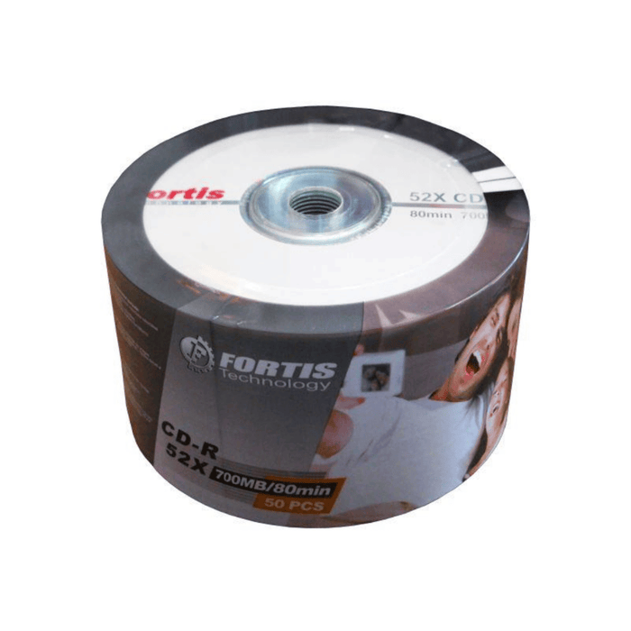 Spool of Fortis brand CD-R discs on a white background