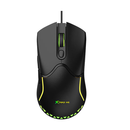 Black gaming mouse with green accents on a white background