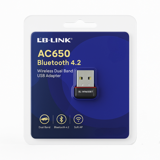 LB-Link AC650 Bluetooth 4.2 USB adapter packaging on a white background