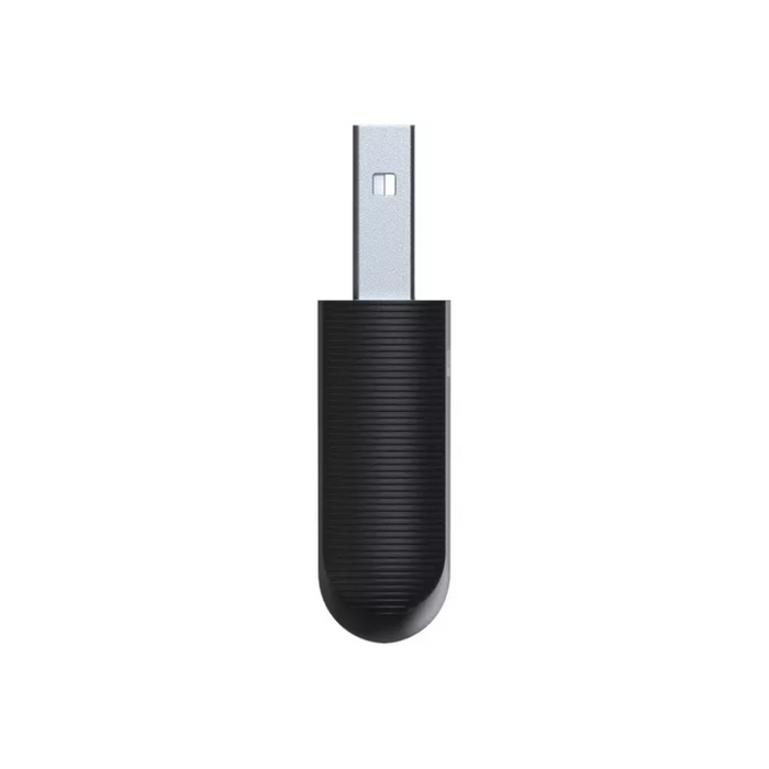 Black USB dongle on a white background